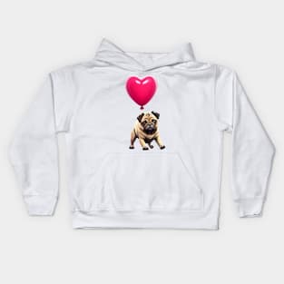 Cute Pug on Valentine's Balloon - Adorable Pug Hanging on Heart Balloon Kids Hoodie